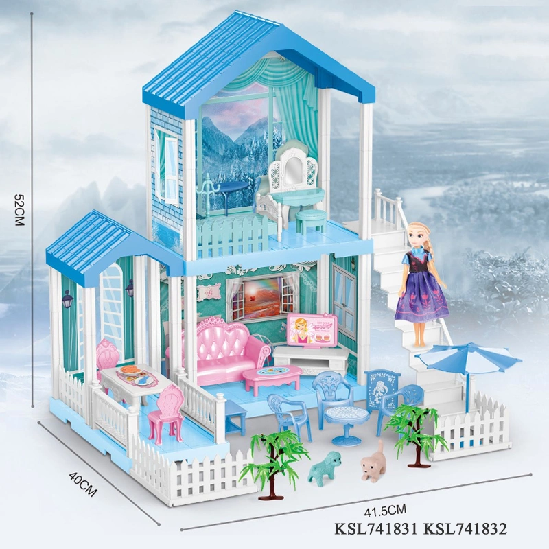 Frozen Blue Color Girl Lovely Villa Kids Plastic DIY Doll House Toys Princess Pretend Play Dollhouse Furniture Rich Accessories Girls Gift Doll House Toys