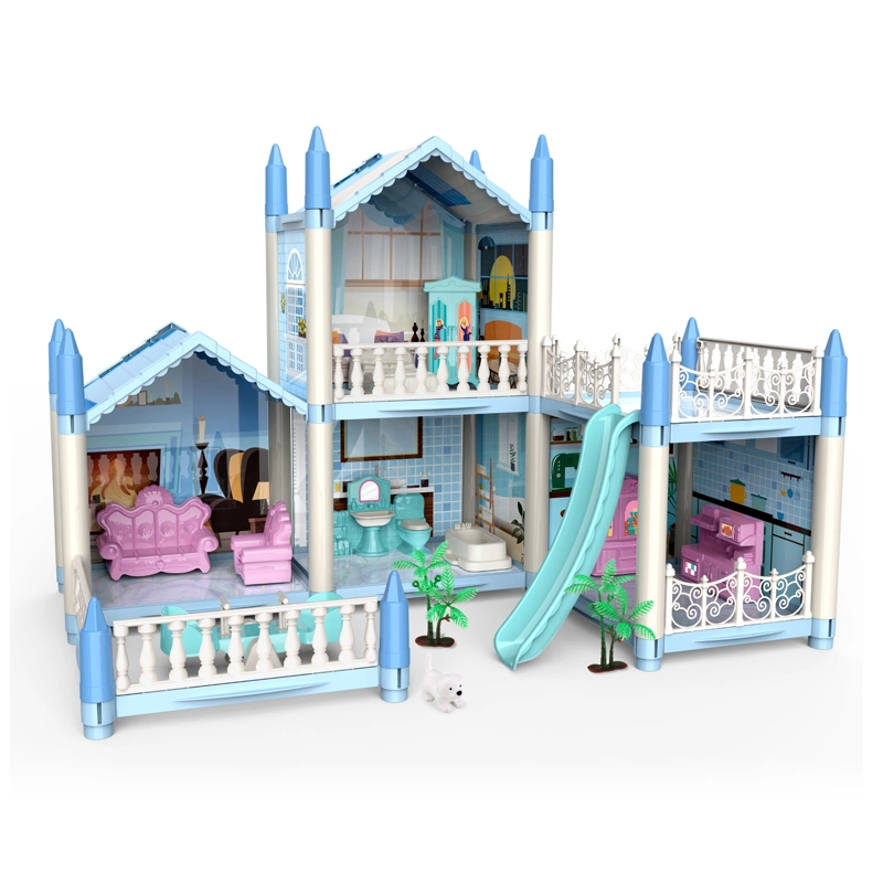 Factory Direct Sales Pretend Play Set Girls Dream House Kids Blue Villa DIY Doll House Toys Furniture Dollhouse Luxurious Dolls House