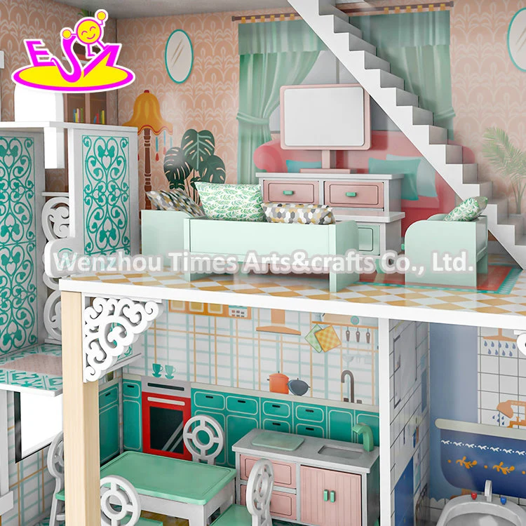 2022 New Design Princess Luxury Villa Girls Wooden Doll House with Garden W06A449