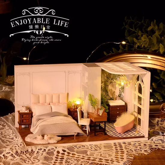 Casa delle bambole in miniatura giocattolo educativo in legno bianco 3D fai da te